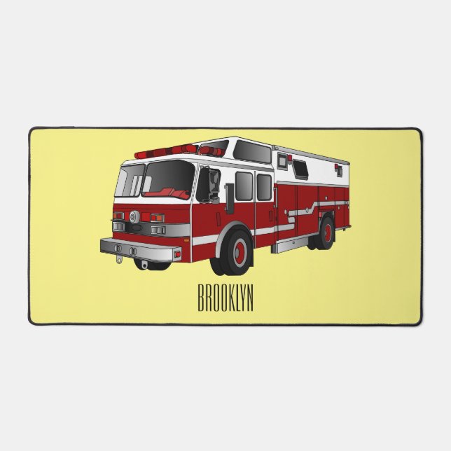 Fire engine cartoon illustration desk mat (Front)