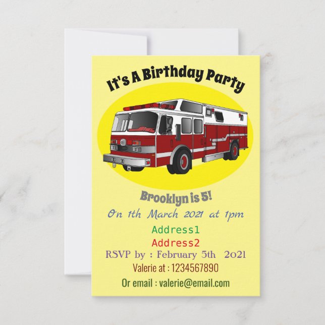 Fire engine cartoon illustration invitation (Front)