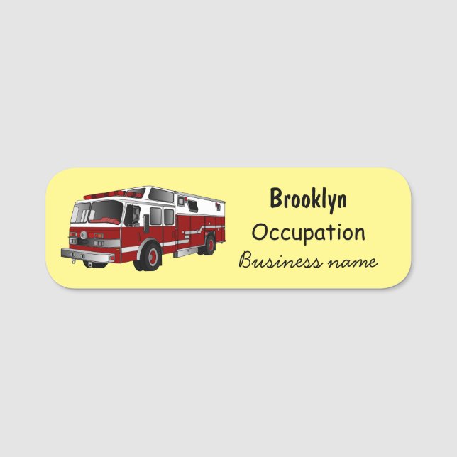 Fire engine cartoon illustration name tag (Front)