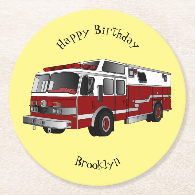 Fire engine cartoon illustration round paper coaster (Front)