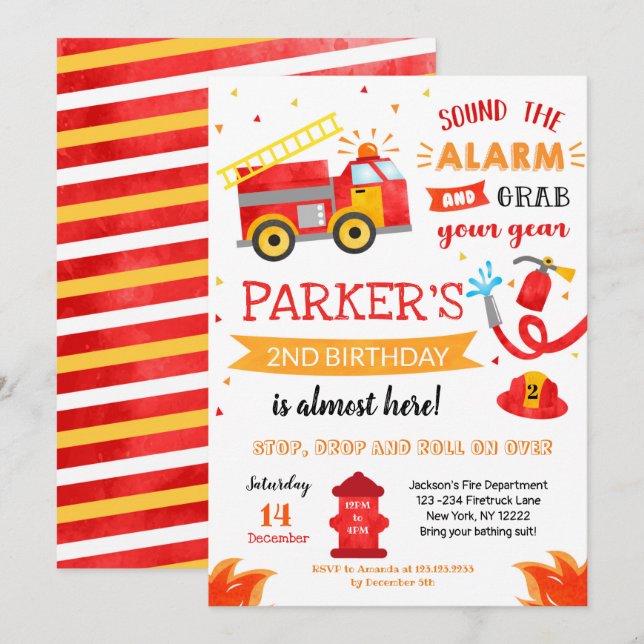 Fire Engine  Fire Truck Birthday Party Invitation  (Front/Back)