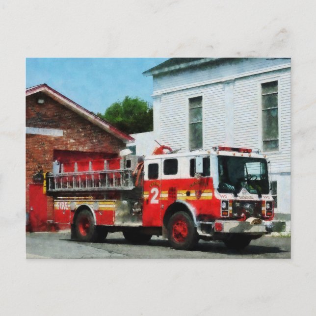 Fire Engine in Front of Fire Station Postcard (Front)