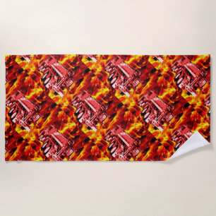 Fire Engine Into The Fire Storm Oil Paint, Beach Towel