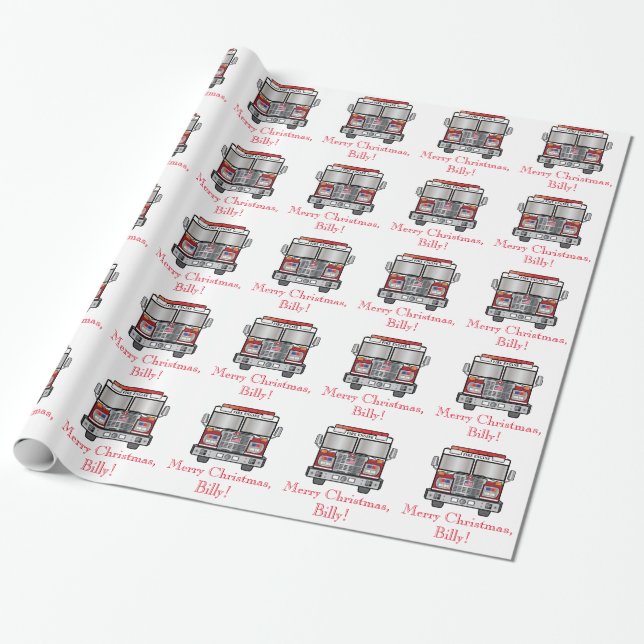Fire Engine: Merry Christmas Name Customizable Wrapping Paper (Unrolled)