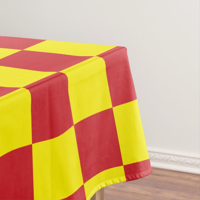 Fire Engine Red and Yellow Chequered Vintage Tablecloth (In Situ)