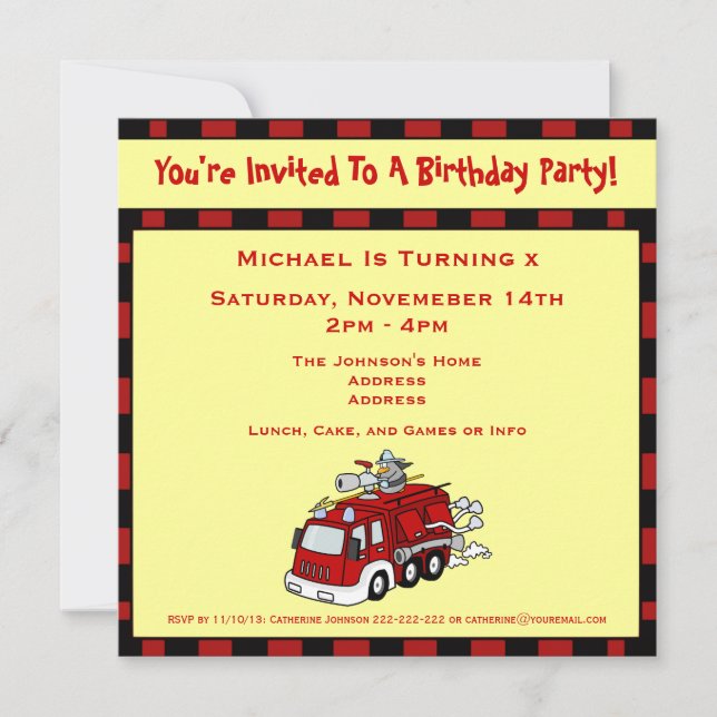 Fire Engine Truck  and Fireman Kids Birthday Party Invitation (Front)