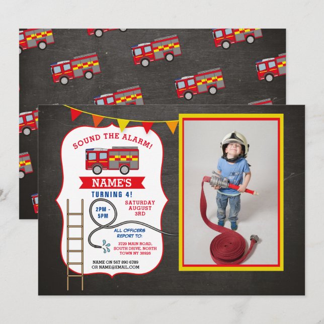 Fire Engine Truck Birthday Party Dept. Photo Invitation (Front/Back)