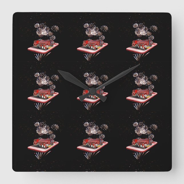 Fire Engine With Fireworks On Speed Dial, Square Wall Clock (Front)