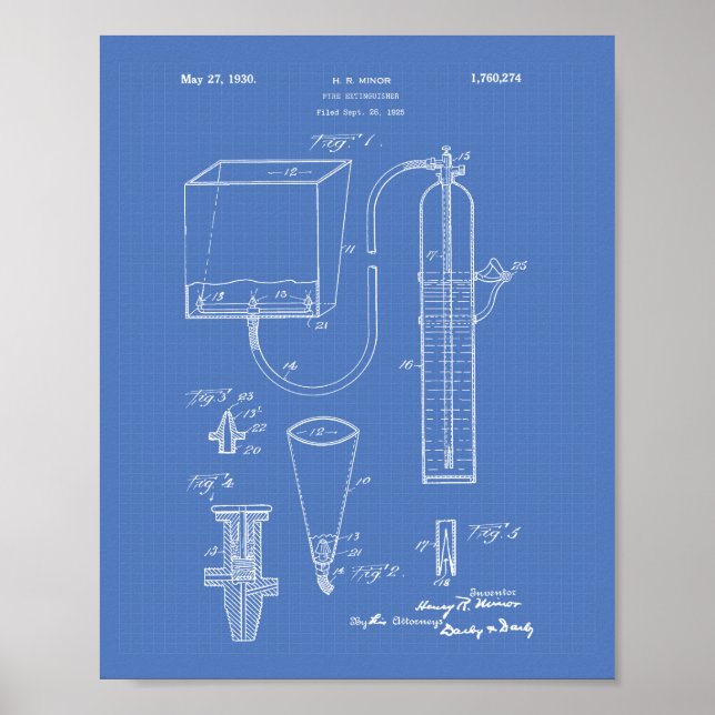 Fire Extinguisher 1930 Patent Art - Blueprint Poster (Front)