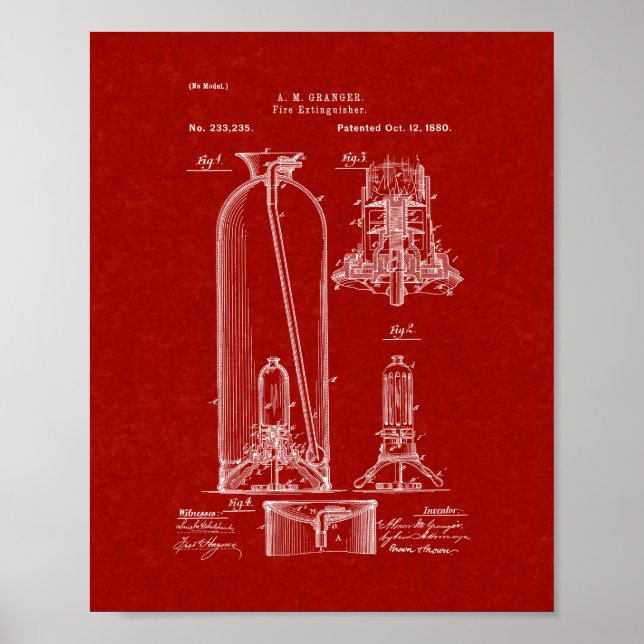Fire Extinguisher Patent - Burgundy Red Poster (Front)