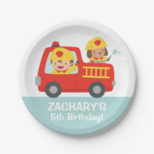 Fire fighter Boy in Red Fire Truck Birthday Party Paper Plate