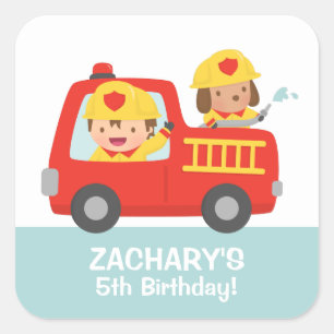 Fire fighter Boy in Red Fire Truck Birthday Party Square Sticker