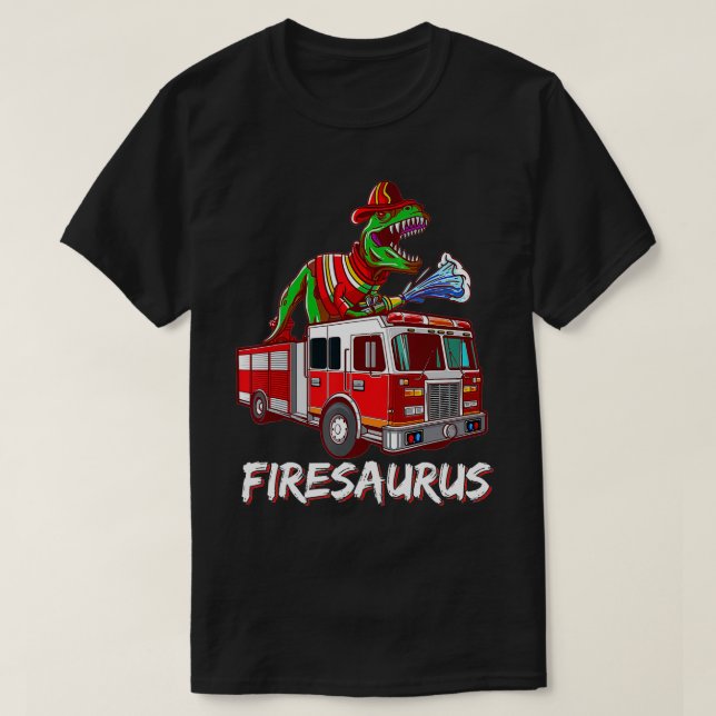 Fire Fighter Saurus Firetruck Fireman Dinosaur T R T-Shirt (Design Front)
