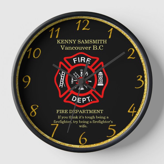 Fire Fighter's Black And Red Badge Clock (Front)