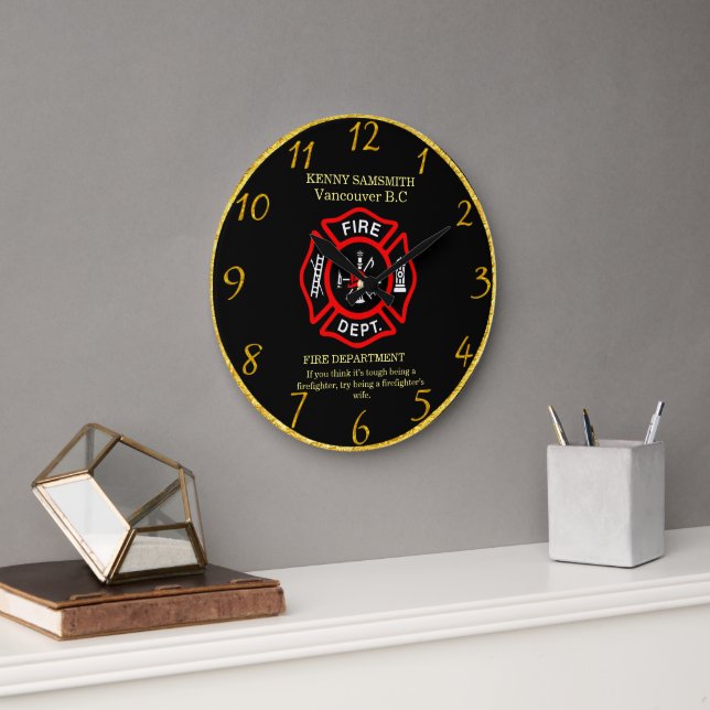 Fire Fighter's Black And Red Badge Large Clock (Office)