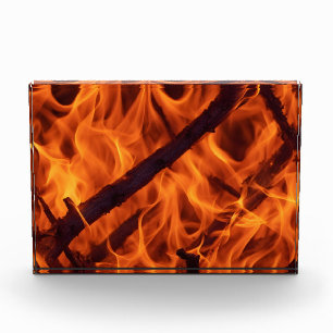 Fire flame macro in fireplace photo block