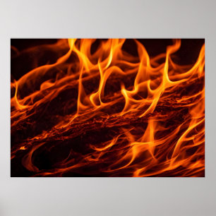 Fire flame macro  in fireplace poster