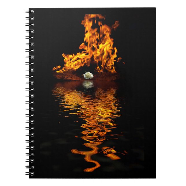 Fire Flames Burning Hot White Rose Notebook (Front)