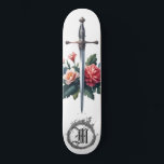 *~* Fire Flowers AP88 Medieval Sword Floral Skateboard<br><div class="desc">(Search code AP88 to find similar items ) Easily Transfer to other Zazzle Products. WHITE background Skateboard with soft blush PINK and ROSE colour FLOWERS MEDIEVAL SWORD for dragon slayers with FLOWERS / FLORAL elements and with a RING of FIRE / FLAMES / FLAME and Letter , INITIAL MONOGRAM for...</div>