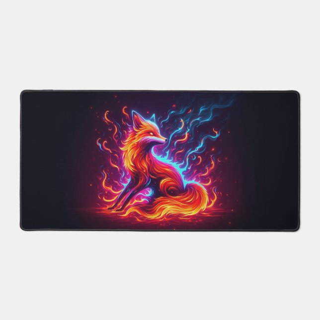 Fire Fox, Eye-Catching Neon Animals Desk Mat (Front)