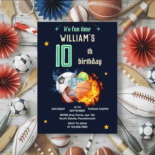 Fire game blue kids boys Sports 10th Birthday Invitation (Creator Uploaded)