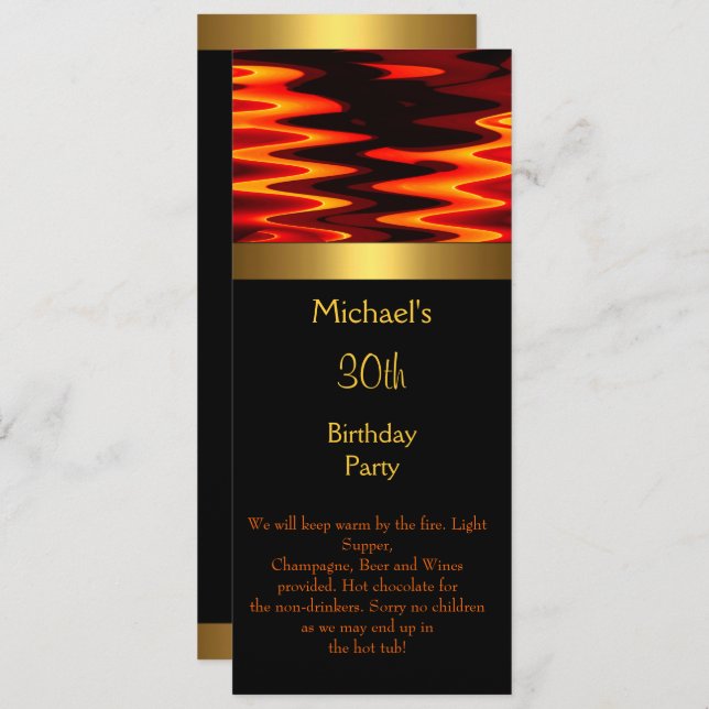 Fire Gold Black 30th Birthday Party Long 2 Invitation (Front/Back)