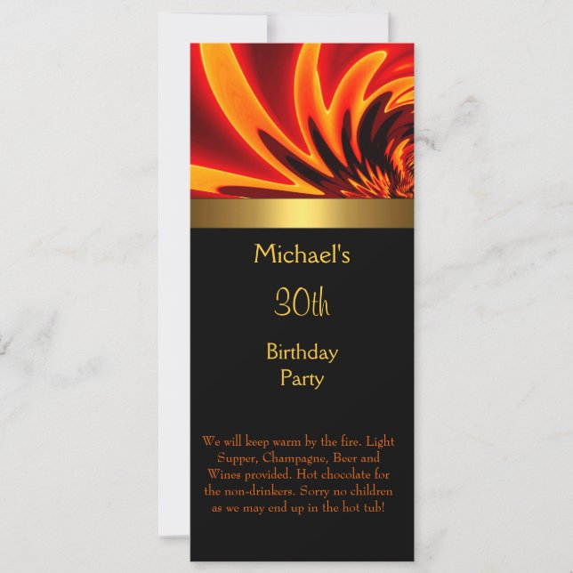 Fire Gold Black 30th Birthday Party Long Invitation (Front)