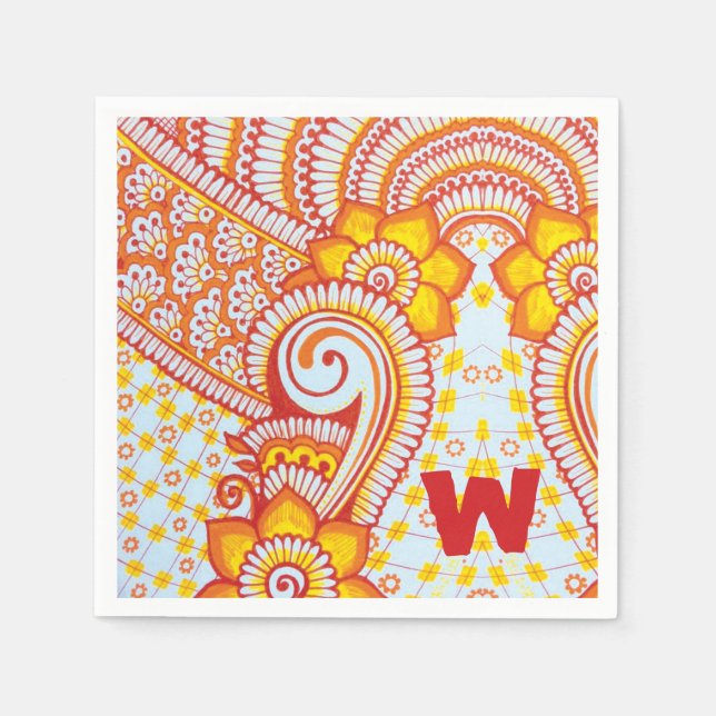 Fire Hot Red Orange Yellow Boho Floral Pattern Napkin (Front)
