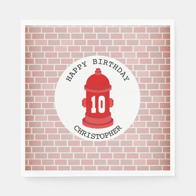 Fire Hydrant + Bricks Firefighter Birthday Party Napkin (Front)