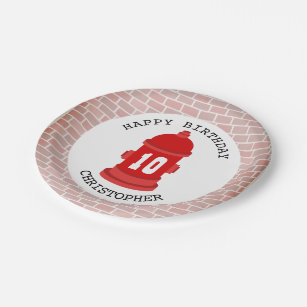 Fire Hydrant + Bricks Firefighter Birthday Party Paper Plate