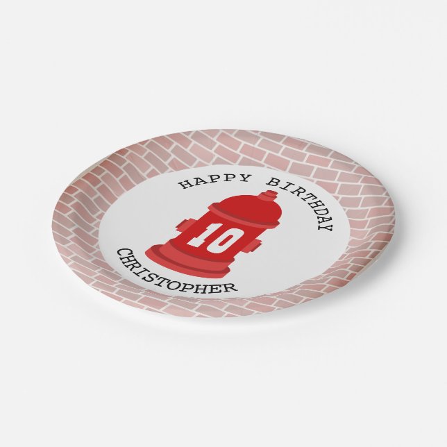 Fire Hydrant + Bricks Firefighter Birthday Party Paper Plate (Angled)