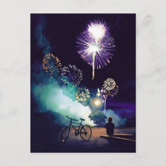 "Fire in the Sky" Fireworks Watercolor Art Postcard