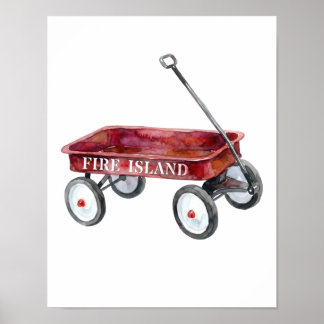 Fire Island Red Wagon Watercolor Beach Vacation Poster