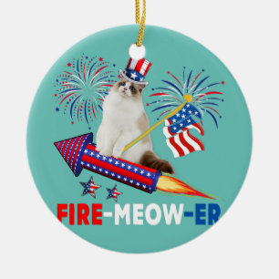 Fire Meow Er Cat Riding Firecracker American Flag Ceramic Ornament