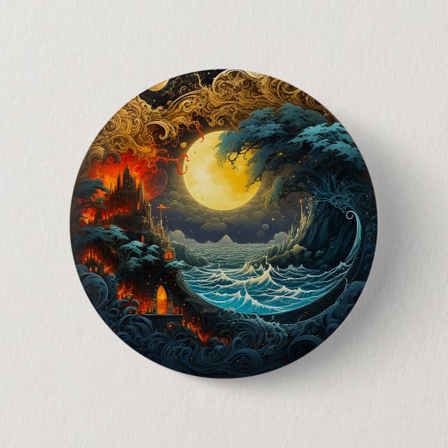 Fire Moon Wave Yin Yang Martial Arts 2 Inch Round Button (Front)