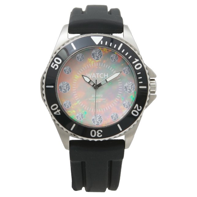 Fire Opal Diamond Solitaire Dial Custom Name Watch (Front)