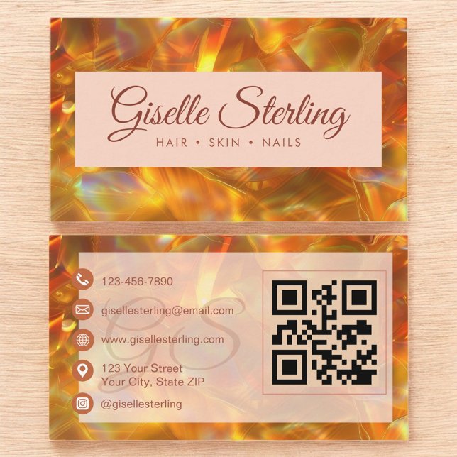 Fire Opal Stone Elegant Modern Amber QR Code Business Card (Creator Uploaded)