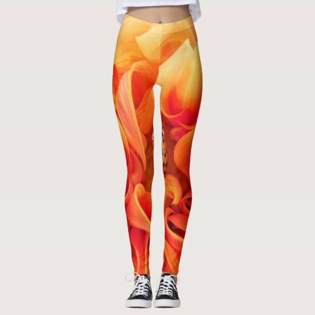 Fire Orange Dahlia Flower with lady bug Leggings (Front)