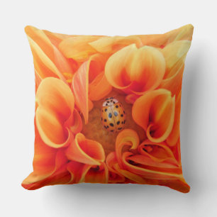 Fire Orange Dahlia with Lady Bug Flower Throw Pillow