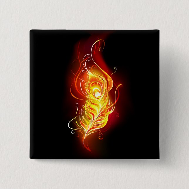 Fire Peacock Feather 2 Inch Square Button (Front)