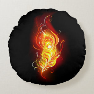 Fire Peacock Feather Round Pillow