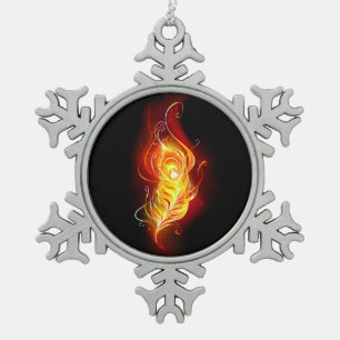 Fire Peacock Feather Snowflake Pewter Christmas Ornament
