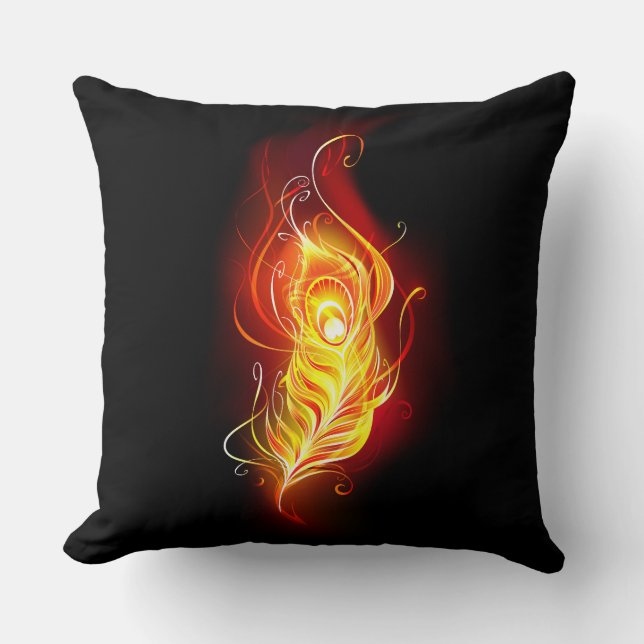 Fire Peacock Feather Throw Pillow (Front)