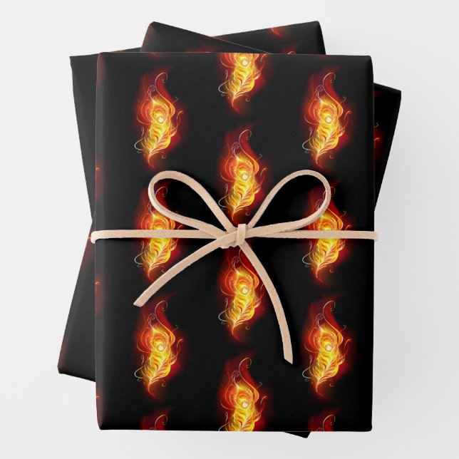 Fire Peacock Feather Wrapping Paper Sheet (In situ)