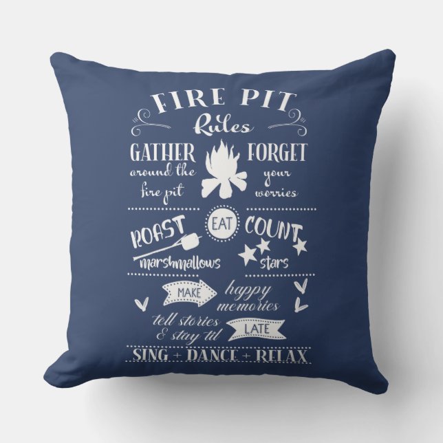Fire Pit Rules Navy Blue and White Personalized Outdoor Pillow (Front)