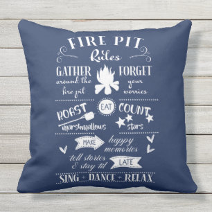 Fire Pit Rules Navy Blue and White Personalized Outdoor Pillow