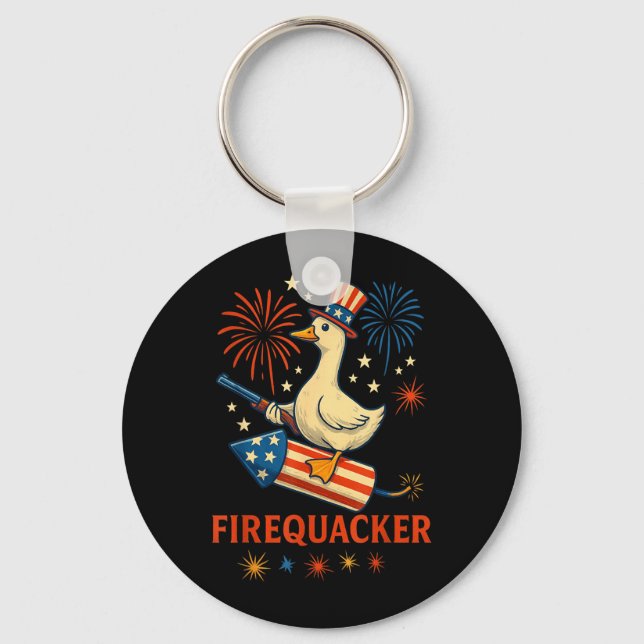 Fire Quacker Funny Meme Goose Fireworks America Keychain (Front)