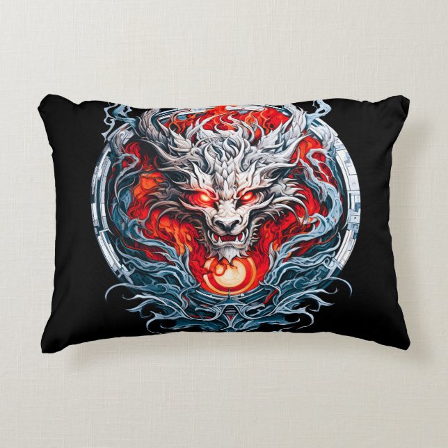 Fire Red Flame Mythical Dragon Head Accent Pillow (Front)