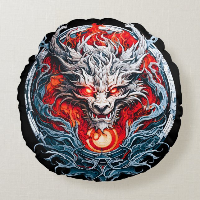 Fire Red Flame Mythical Dragon Head Round Pillow (Front)