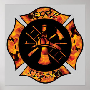 Fire Rescue Flaming Maltese Cross Poster
